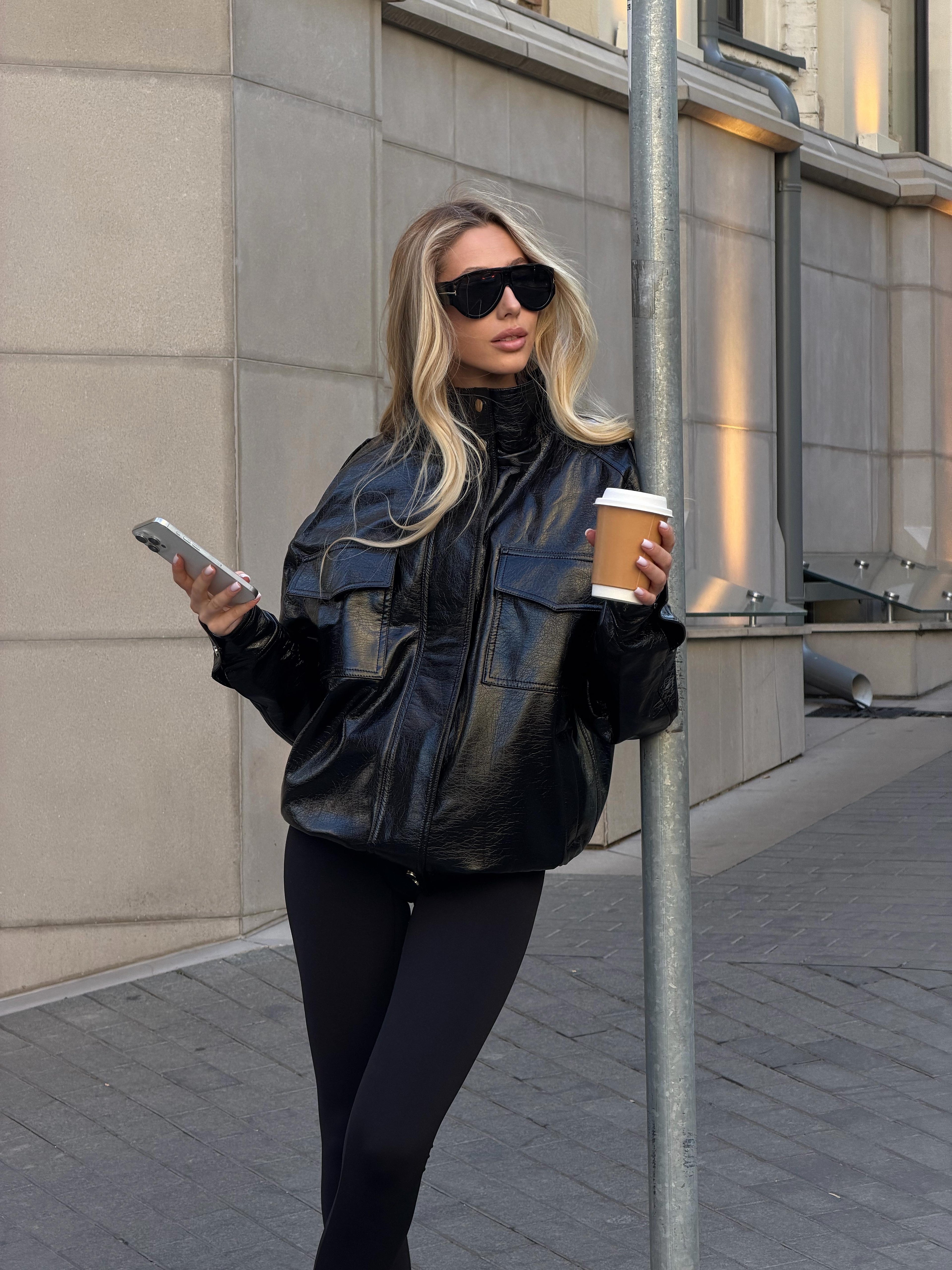 Women's Eco-Leather Bomber Jacket in patent eco-leather, alternate view