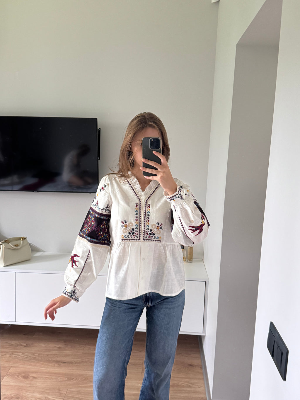 Lada Button-Front Embroidered Peplum Blouse