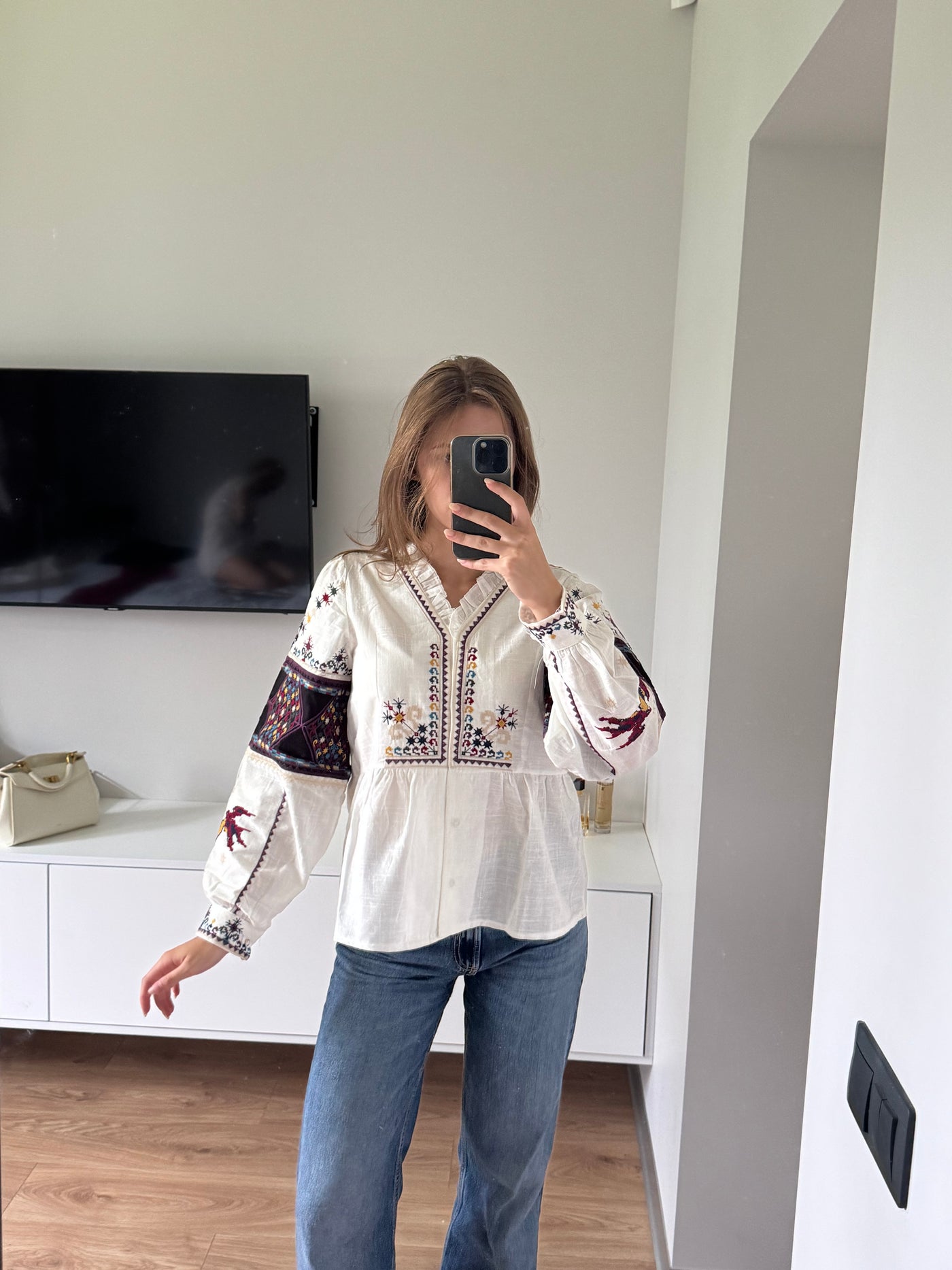 Lada Button-Front Embroidered Peplum Blouse