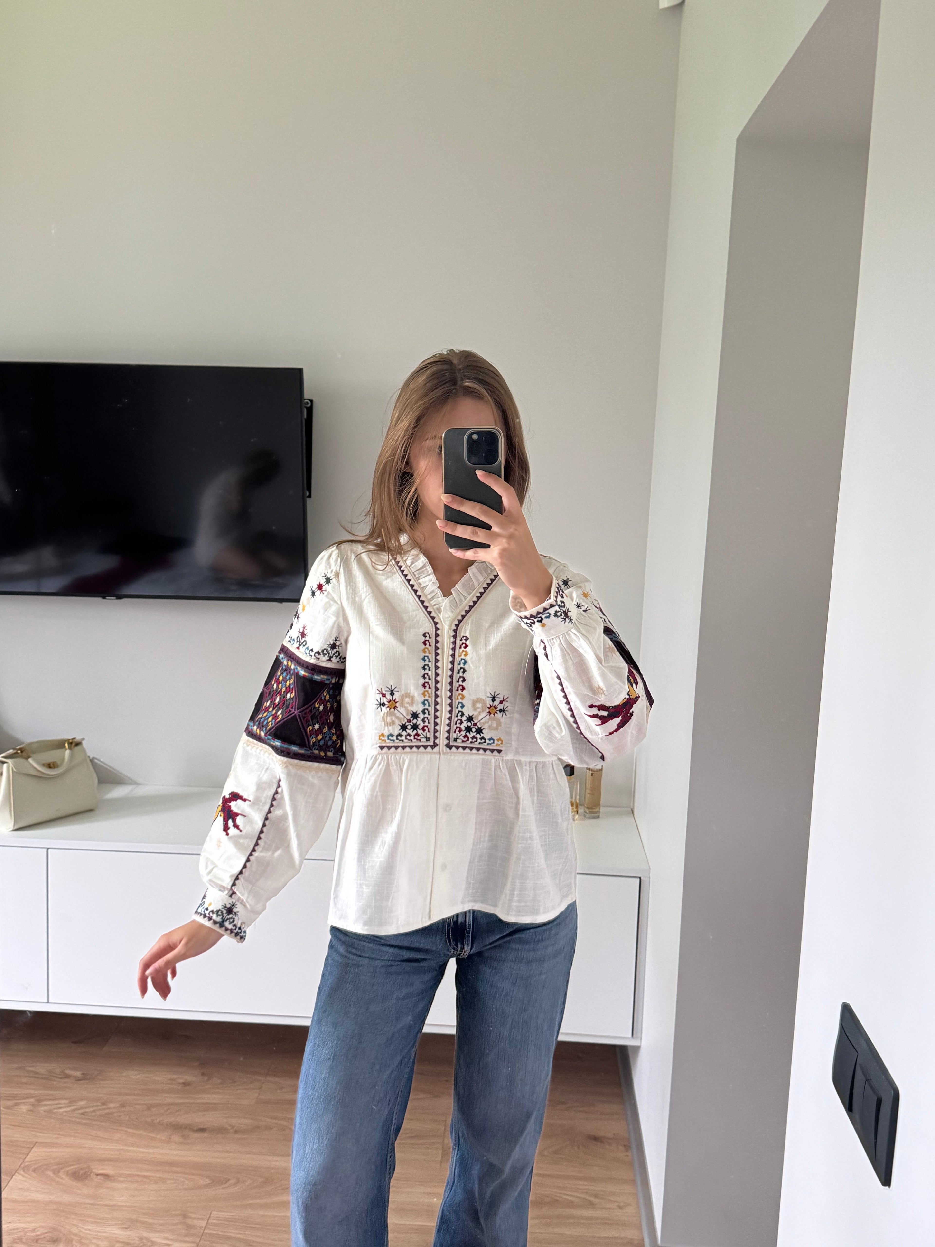 Lada Button-Front Embroidered Peplum Blouse