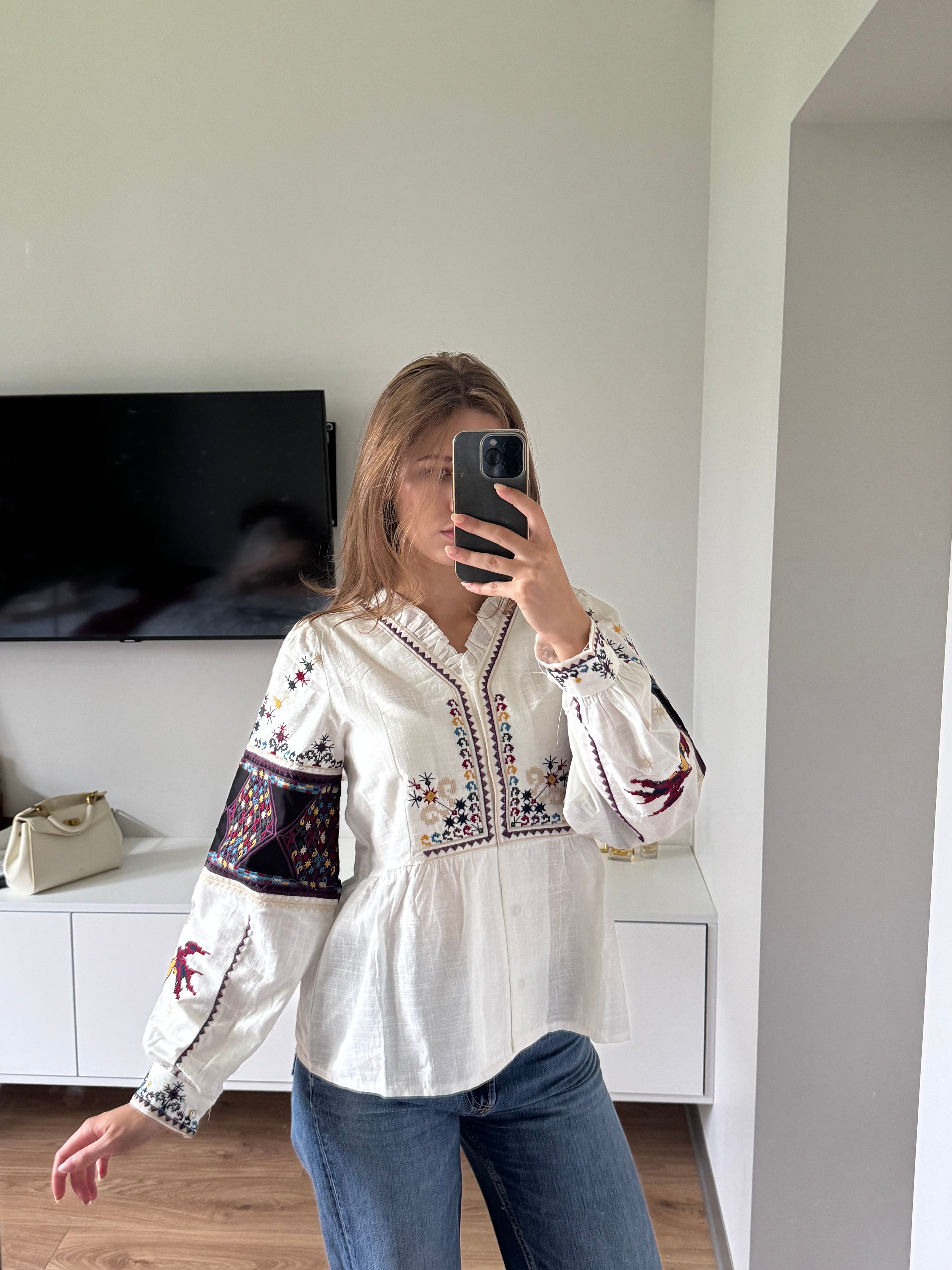Lada Button-Front Embroidered Peplum Blouse
