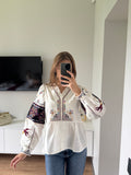 Lada Button-Front Embroidered Peplum Blouse