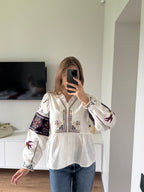 Lada Button-Front Embroidered Peplum Blouse