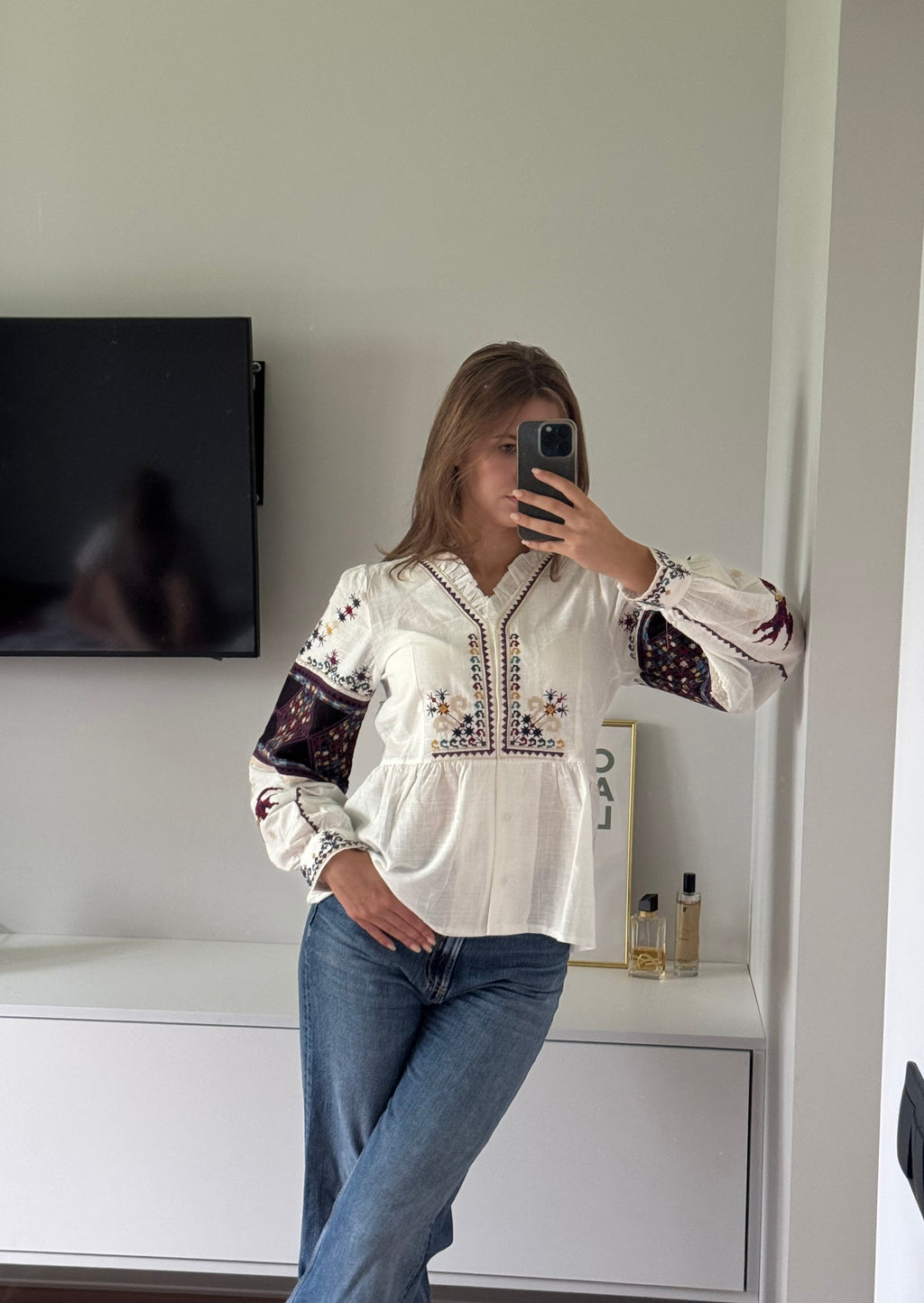 Lada Button-Front Embroidered Peplum Blouse