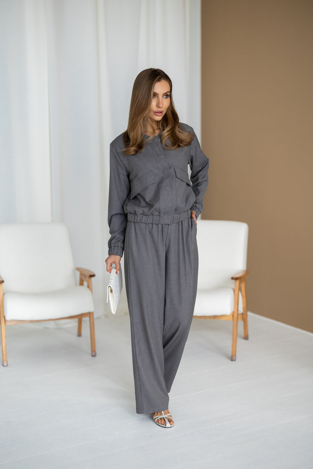 Women's Knit Two-Piece Set AMSTER — Bomber Jacket & Wide-Leg Trousers