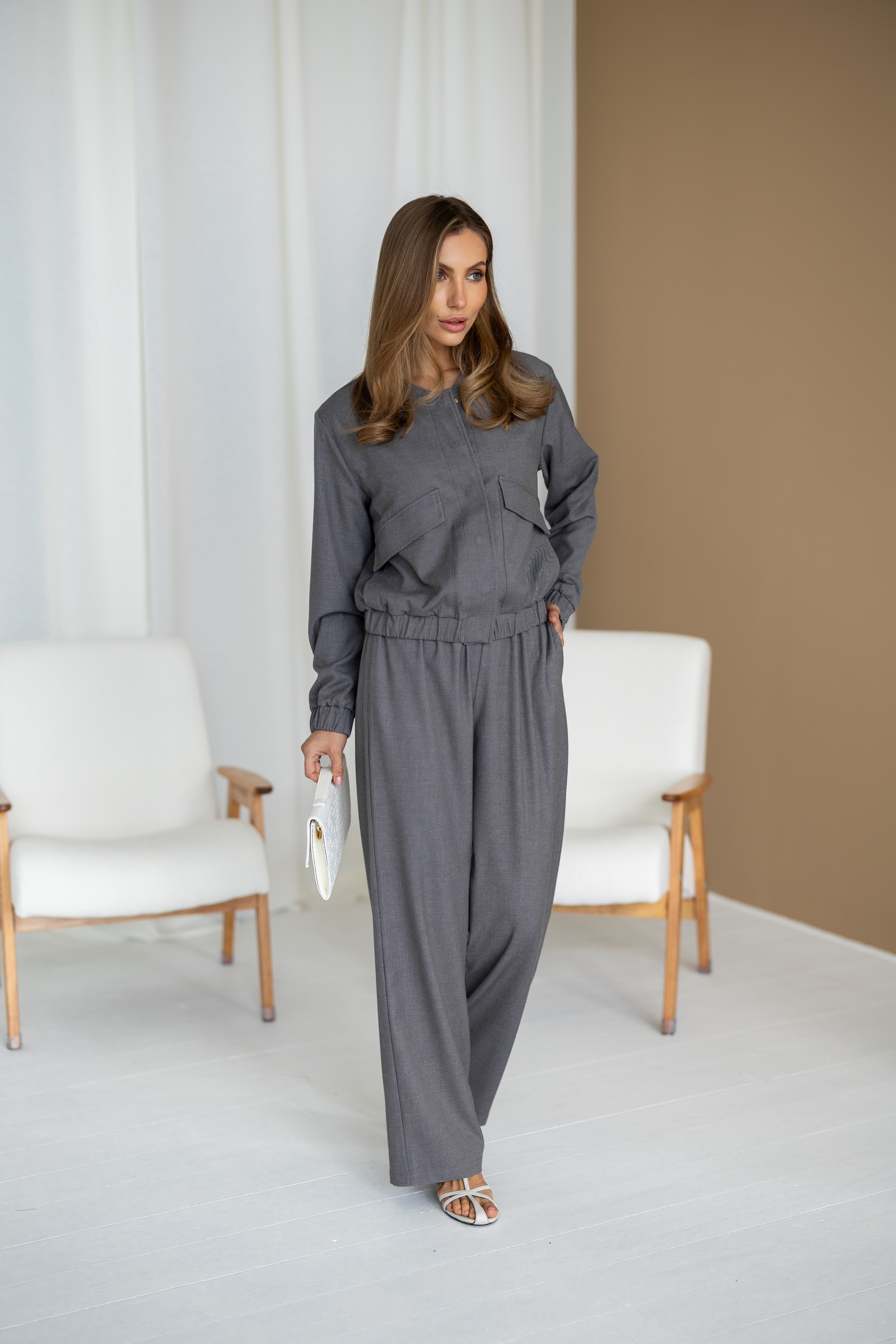 Women's Knit Two-Piece Set AMSTER — Bomber Jacket & Wide-Leg Trousers