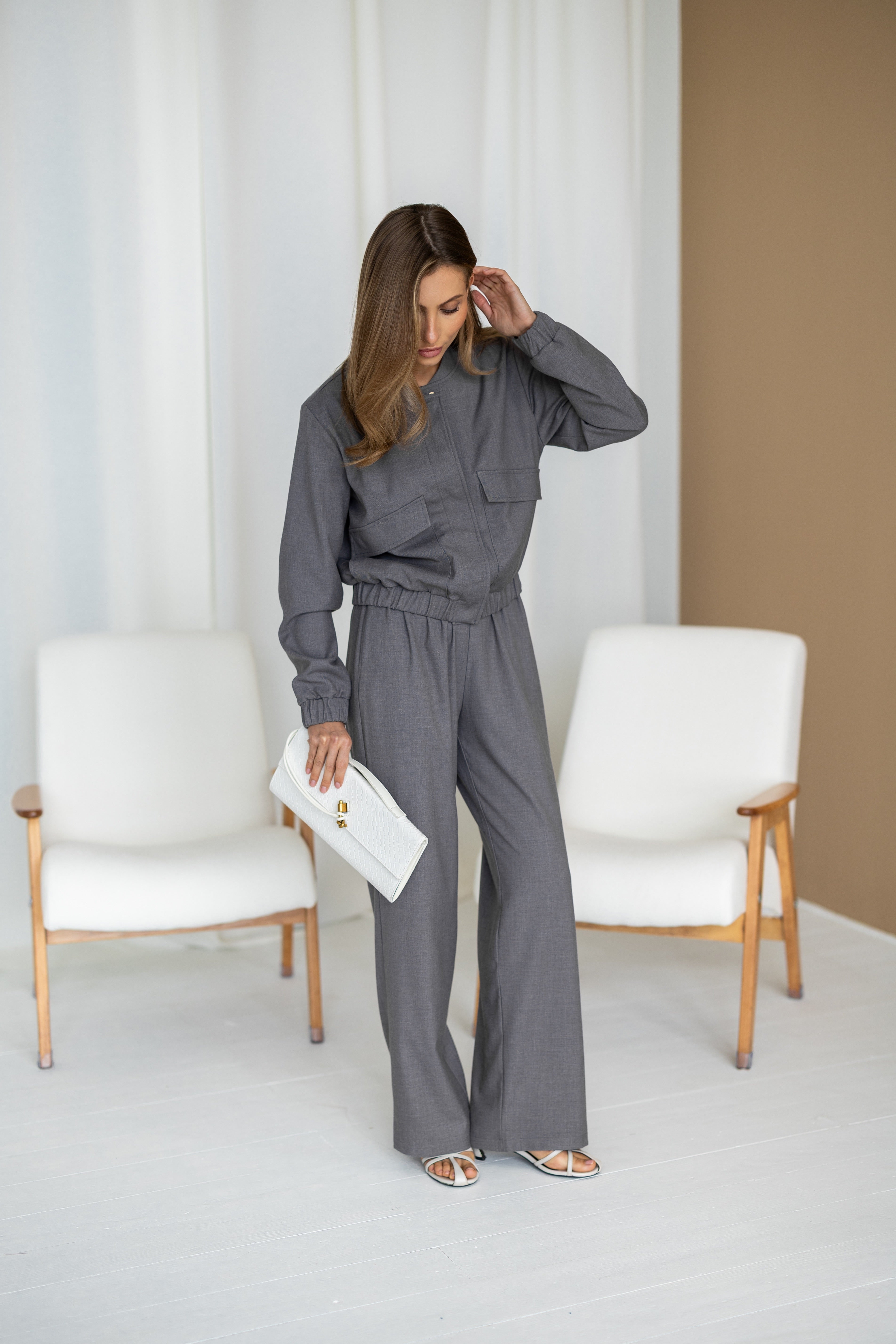 Women's Knit Two-Piece Set AMSTER — Bomber Jacket & Wide-Leg Trousers