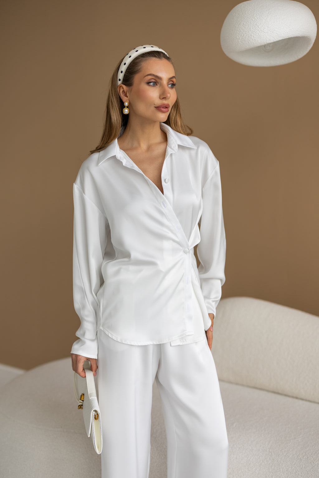 Women's Two-Piece Set Tilburg — Draped Shirt & Palazzo Trousers, fabric detail