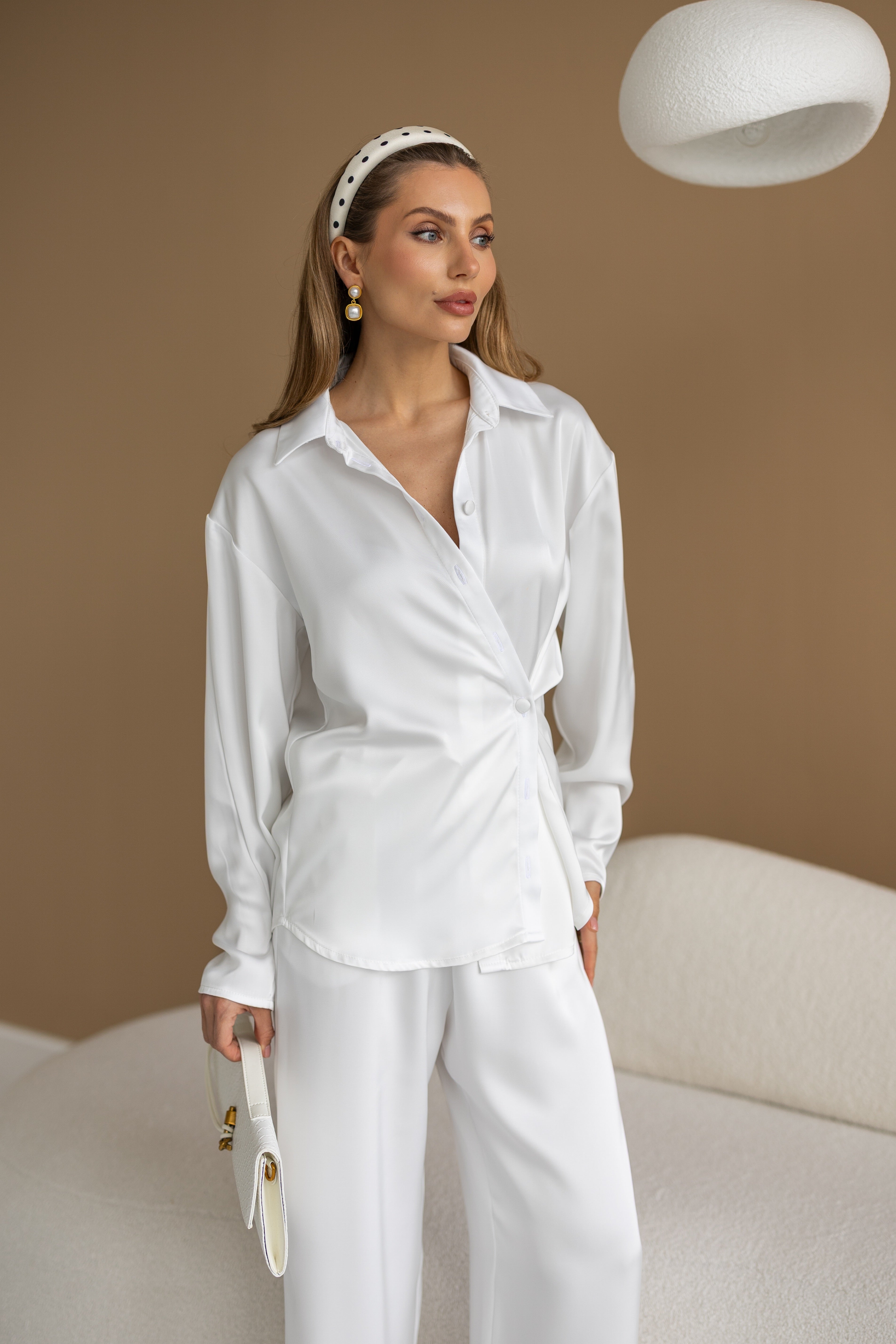 Women's Two-Piece Set Tilburg — Draped Shirt & Palazzo Trousers, fabric detail