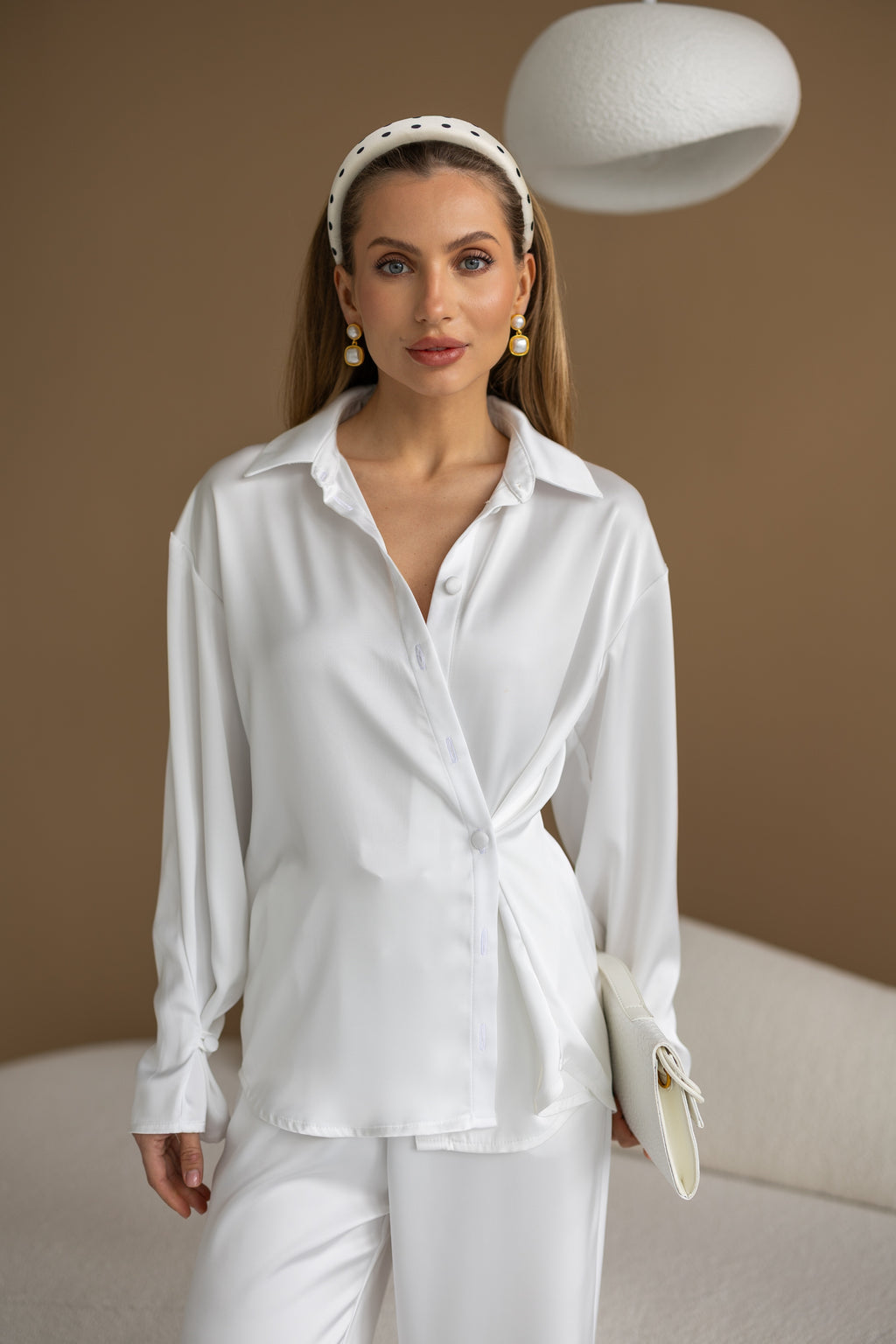 Women's Two-Piece Set Tilburg — Draped Shirt & Palazzo Trousers in Cream, additional view