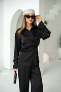 Women's Two-Piece Set Tilburg — Draped Shirt & Palazzo Trousers in Black, additional view