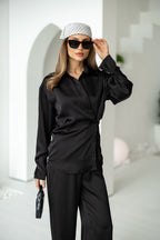 Women's Two-Piece Set Tilburg — Draped Shirt & Palazzo Trousers in Black, additional view