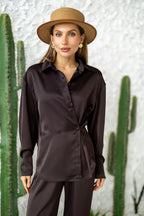 Women's Two-Piece Set Tilburg — Draped Shirt & Palazzo Trousers in Brown, additional view