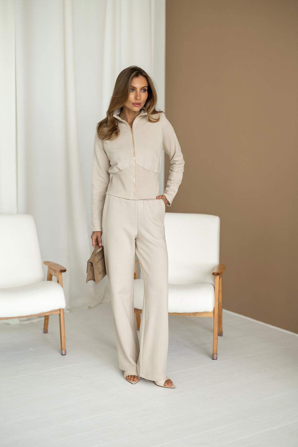 Women's Knit Two-Piece Set OSTENDE — Zip Crop Top & Straight Trousers