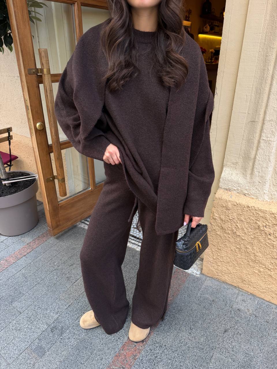 Oversized Sweater Trouser and Scarf Set in chocolate, alternate view