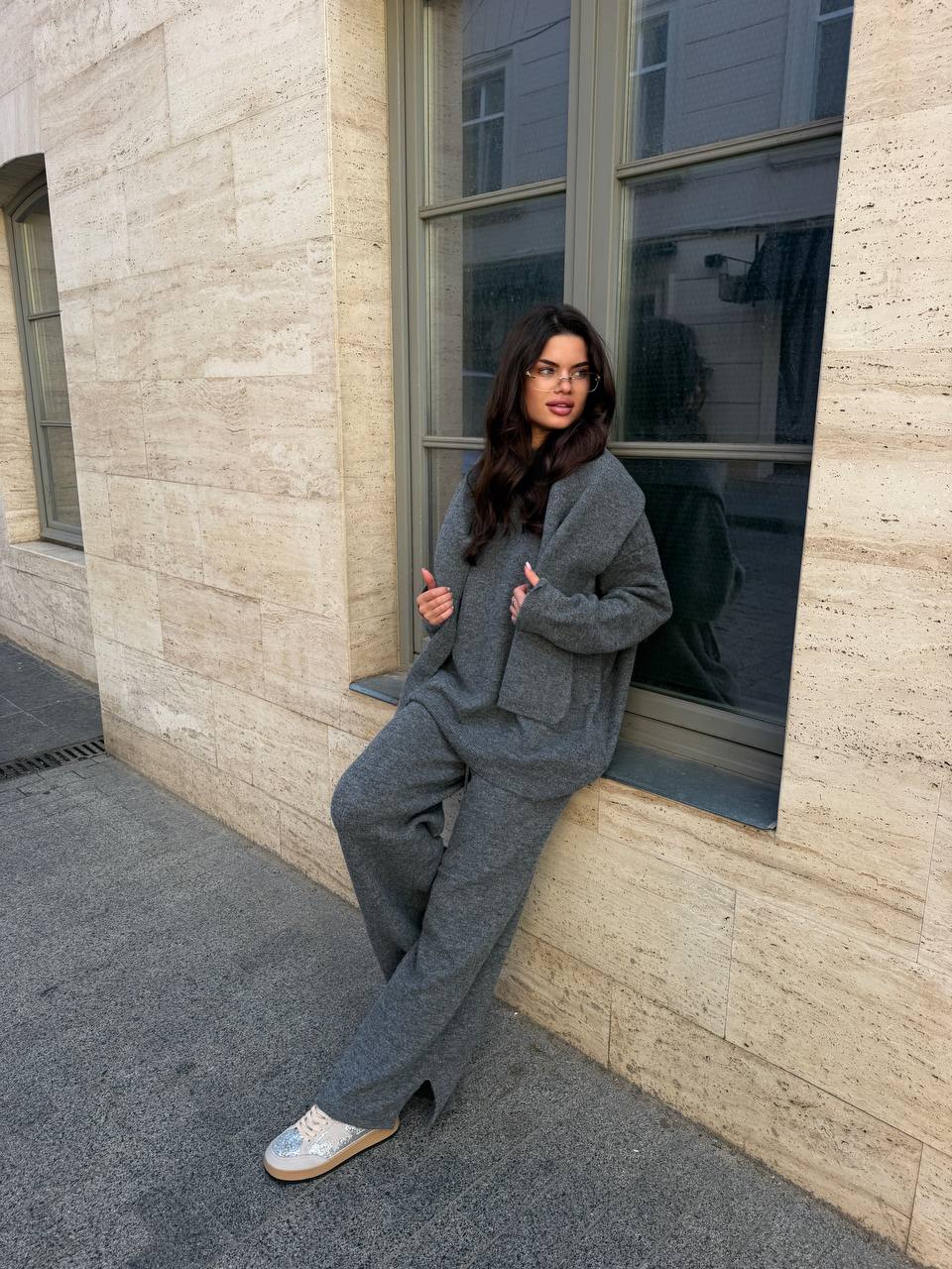Oversized Sweater Trouser and Scarf Set in gray, alternate view