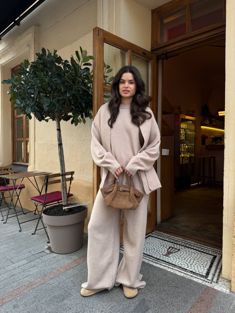 Oversized Sweater Trouser and Scarf Set in taupe, main view