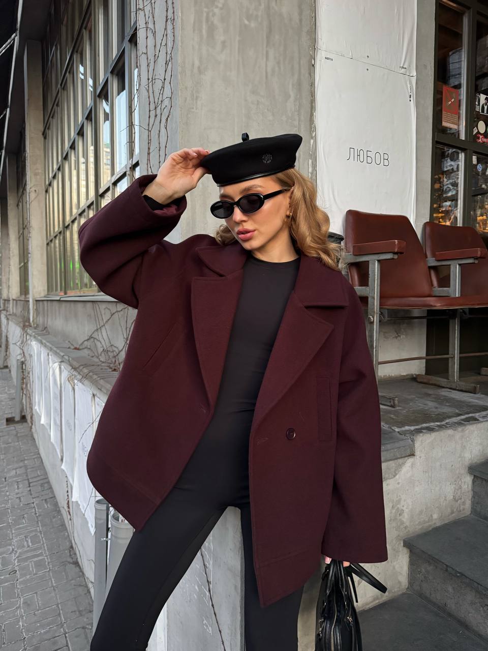 Women's Wool-Blend Oversized Half Coat in burgundy, main view