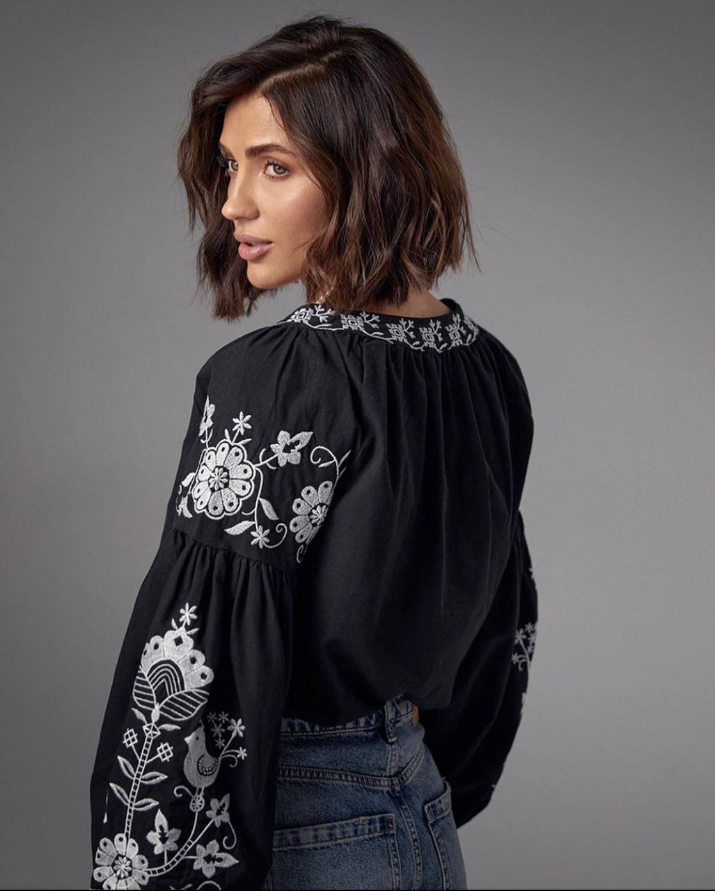 Women's Embroidered Vyshyvanka Blouse — Bird Motif, Tie Neckline & Puff Sleeves