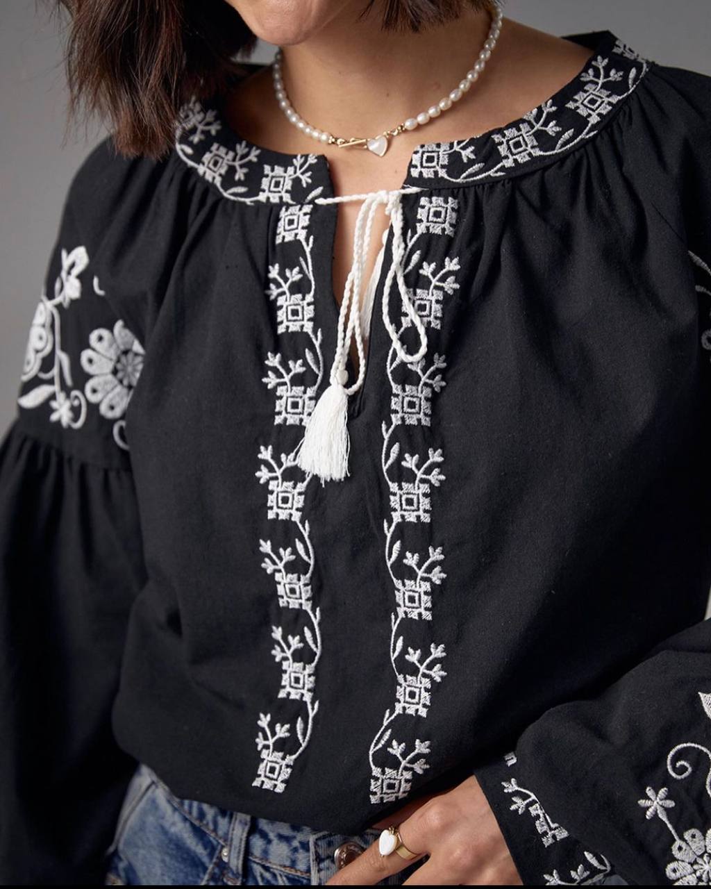 Women's Embroidered Vyshyvanka Blouse — Bird Motif, Tie Neckline & Puff Sleeves