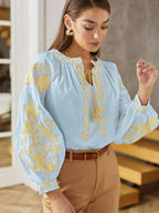 Women's Embroidered Vyshyvanka Blouse — Bird Motif, Tie Neckline & Puff Sleeves