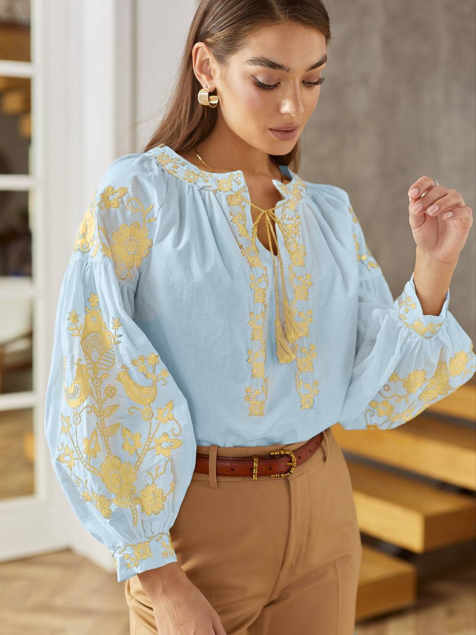 Women's Embroidered Vyshyvanka Blouse — Bird Motif, Tie Neckline & Puff Sleeves
