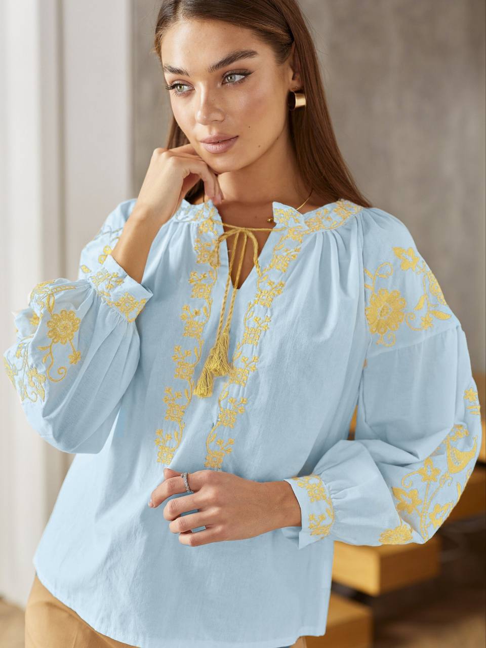 Women's Embroidered Vyshyvanka Blouse — Bird Motif, Tie Neckline & Puff Sleeves
