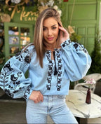 Women's Embroidered Vyshyvanka Blouse — Bird Motif, Tie Neckline & Puff Sleeves