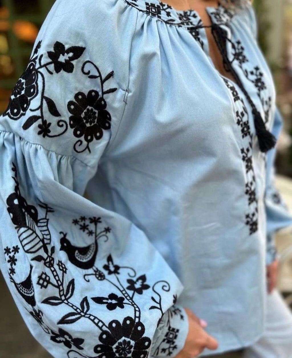 Women's Embroidered Vyshyvanka Blouse — Bird Motif, Tie Neckline & Puff Sleeves