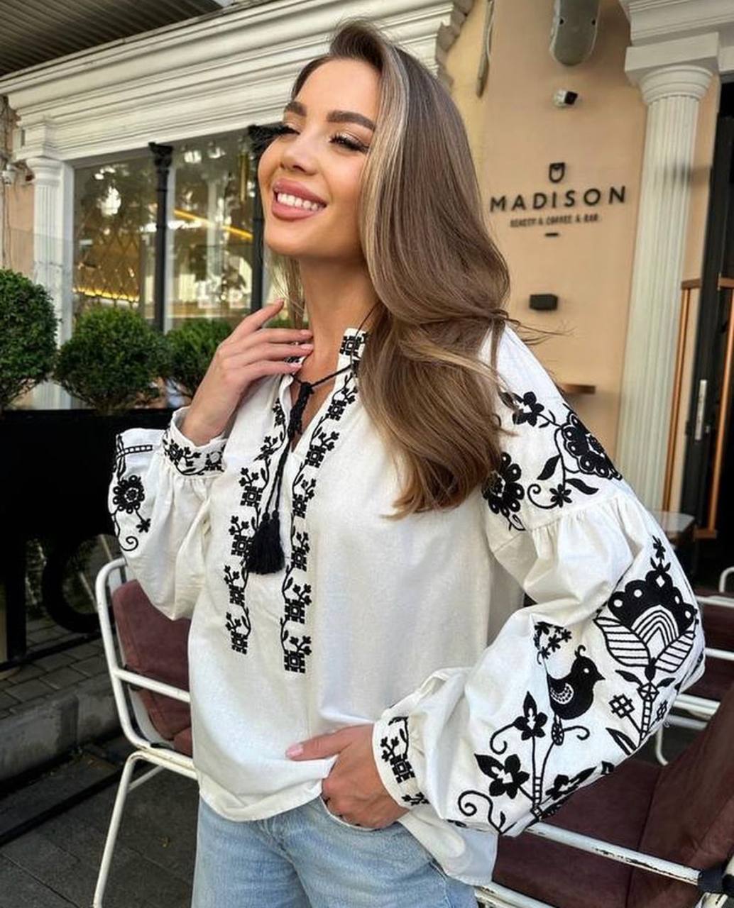 Women's Embroidered Vyshyvanka Blouse — Bird Motif, Tie Neckline & Puff Sleeves
