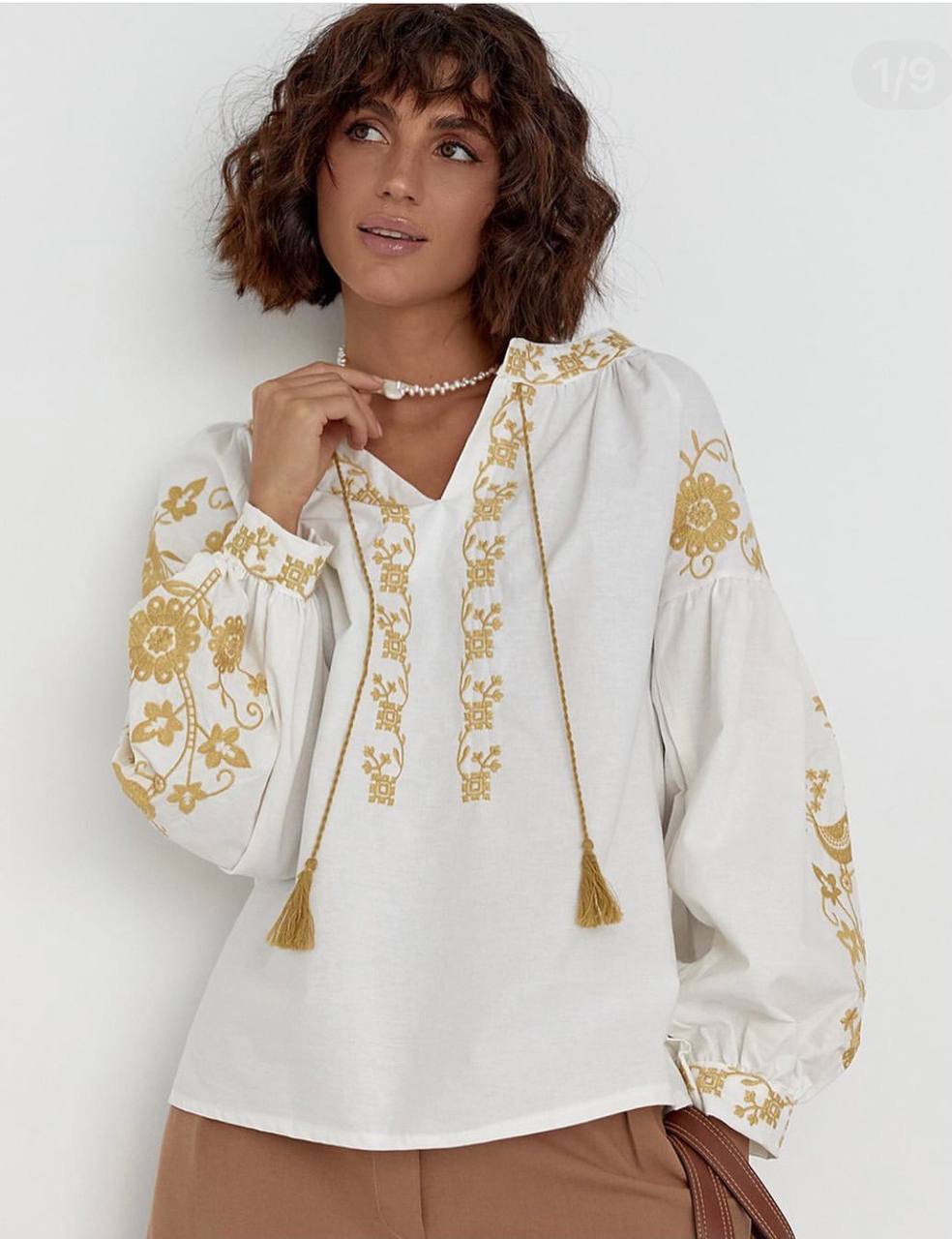 Women's Embroidered Vyshyvanka Blouse — Bird Motif, Tie Neckline & Puff Sleeves