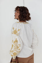 Women's Embroidered Vyshyvanka Blouse — Bird Motif, Tie Neckline & Puff Sleeves