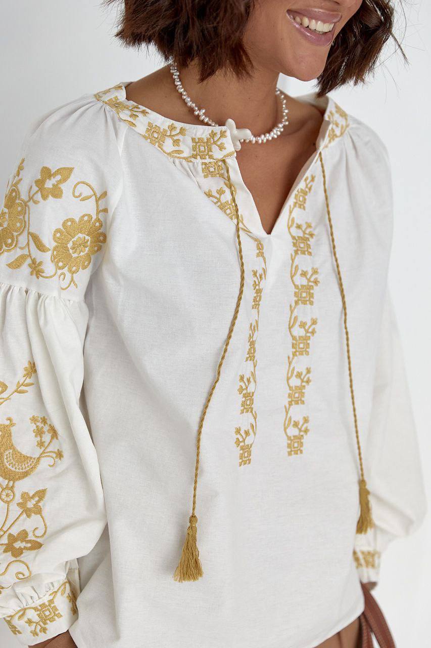 Women's Embroidered Vyshyvanka Blouse — Bird Motif, Tie Neckline & Puff Sleeves