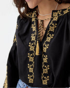 Women's Embroidered Vyshyvanka Blouse — Bird Motif, Tie Neckline & Puff Sleeves