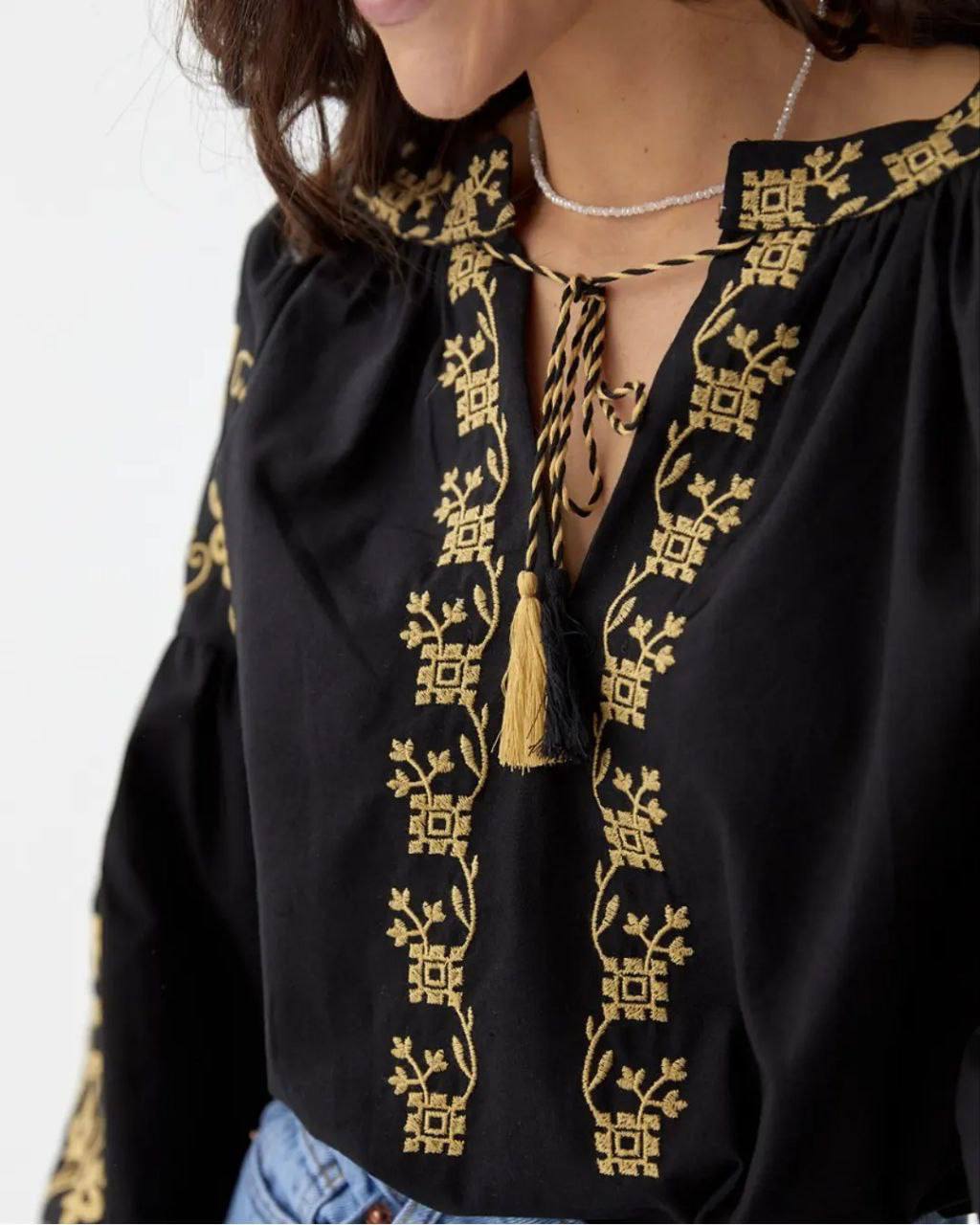 Women's Embroidered Vyshyvanka Blouse — Bird Motif, Tie Neckline & Puff Sleeves