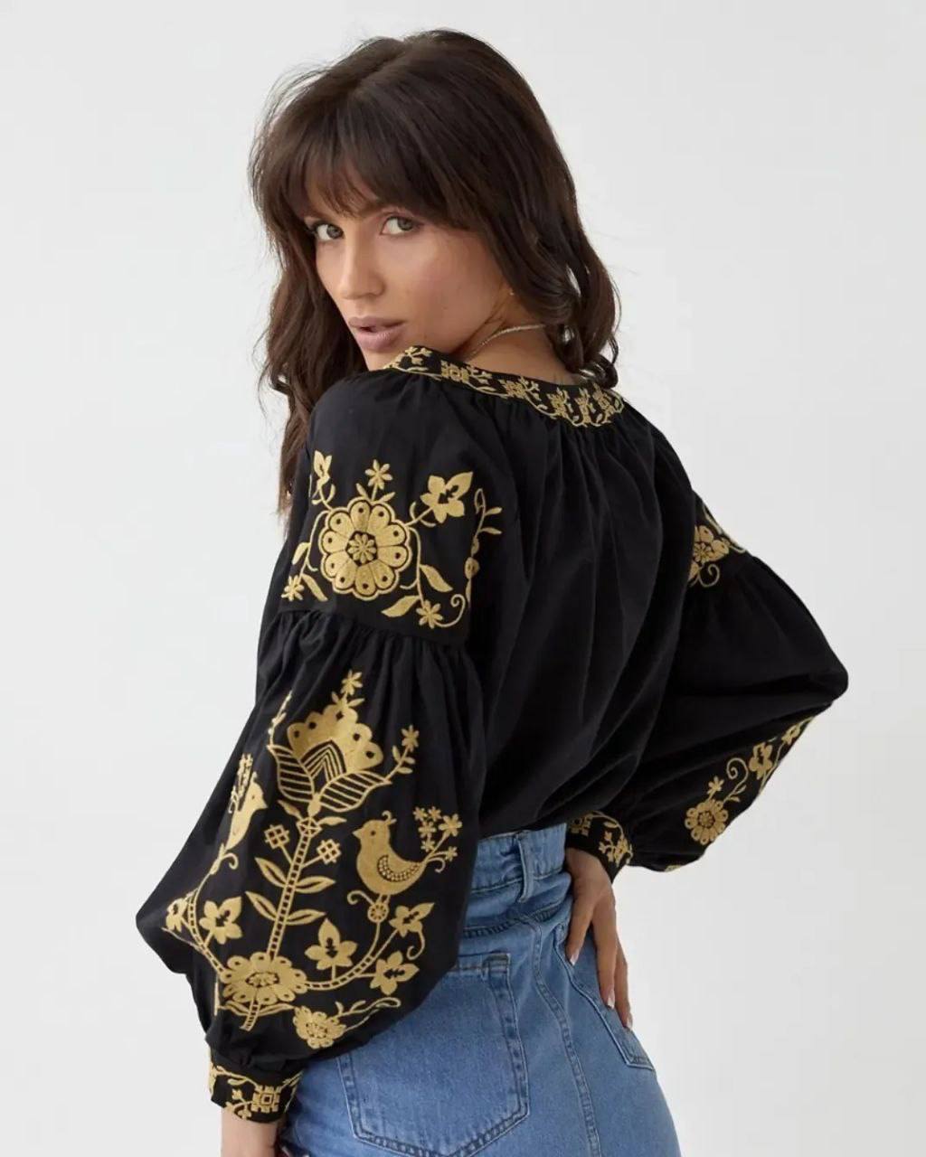 Women's Embroidered Vyshyvanka Blouse — Bird Motif, Tie Neckline & Puff Sleeves