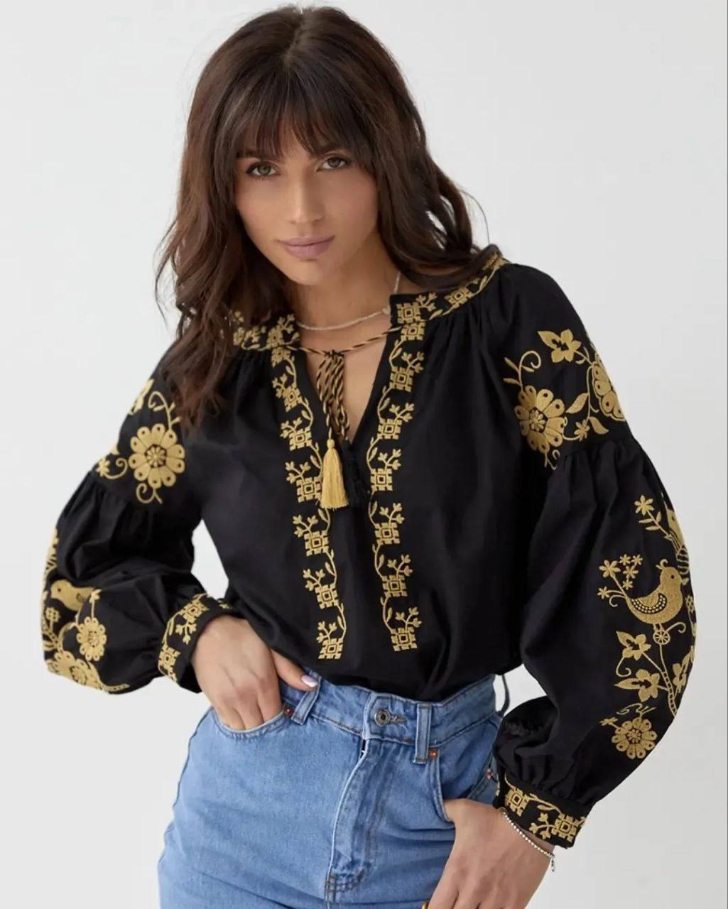 Women's Embroidered Vyshyvanka Blouse — Bird Motif, Tie Neckline & Puff Sleeves