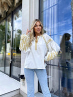 Women's Embroidered Vyshyvanka Blouse — Wheat Ear Motif, Tie Neckline & Puff Sleeves