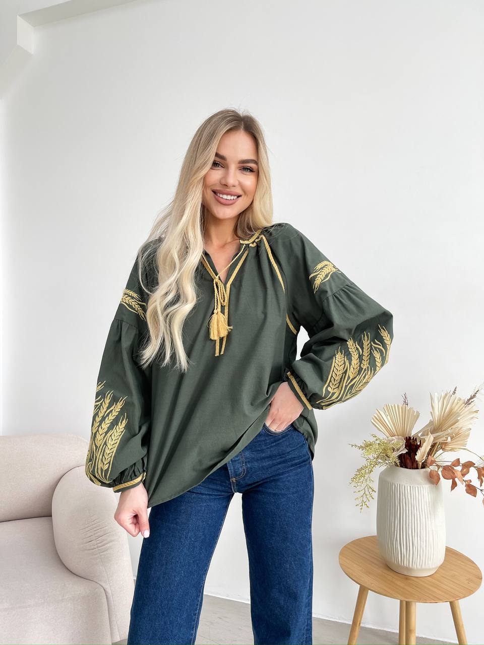 Women's Embroidered Vyshyvanka Blouse — Wheat Ear Motif, Tie Neckline & Puff Sleeves