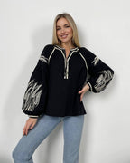 Women's Embroidered Vyshyvanka Blouse — Wheat Ear Motif, Tie Neckline & Puff Sleeves