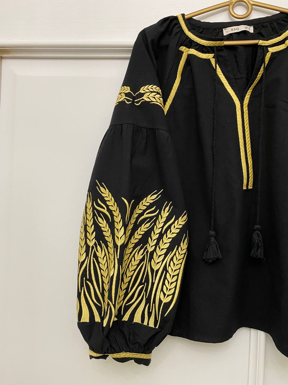 Women's Embroidered Vyshyvanka Blouse — Wheat Ear Motif, Tie Neckline & Puff Sleeves