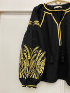 Women's Embroidered Vyshyvanka Blouse — Wheat Ear Motif, Tie Neckline & Puff Sleeves