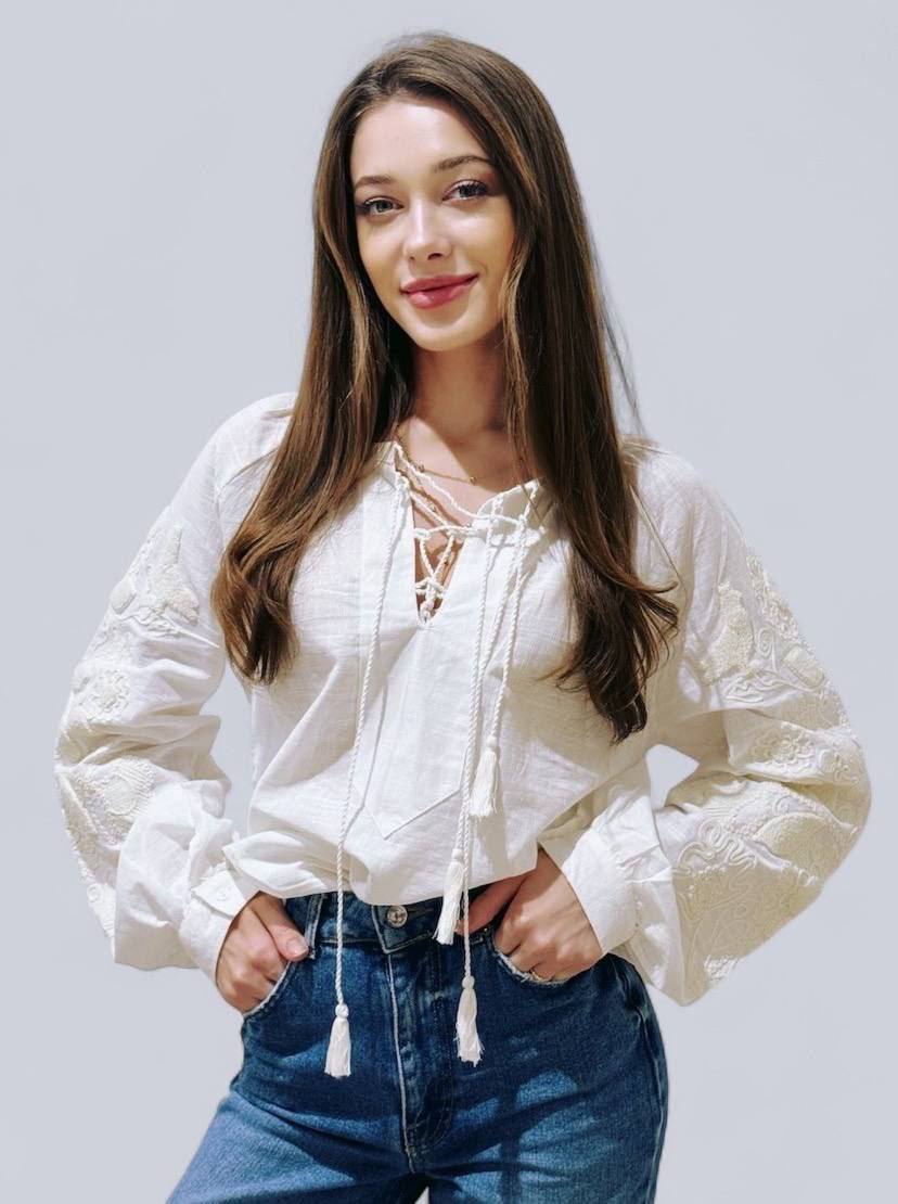 Women's White Embroidered Tie-Neck Vyshyvanka Blouse - product photo 1