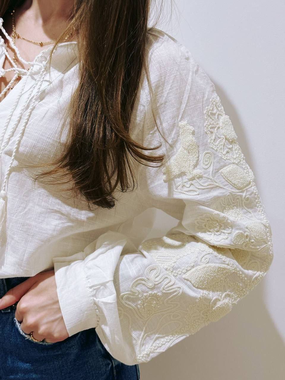 Women's White Embroidered Tie-Neck Vyshyvanka Blouse - product photo 4