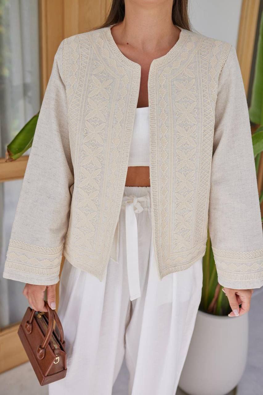 Women's Light Beige Embroidered Jacket - Open Front Vyshyvanka Style - product photo 1