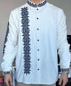 Men's White Embroidered Button-Up Vyshyvanka Shirt - One-Sleeve Detail - product photo 1