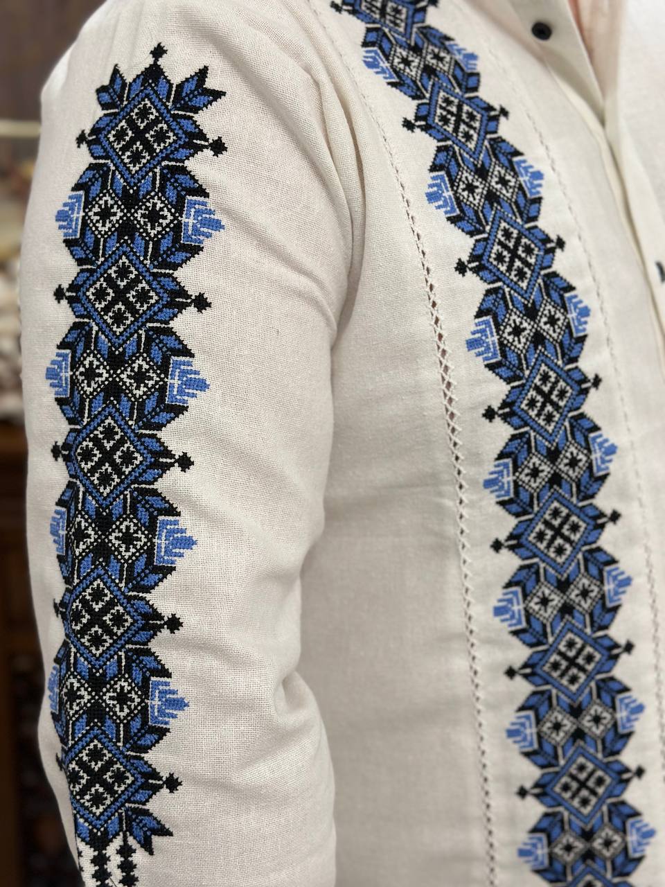 Men's White Embroidered Button-Up Vyshyvanka Shirt - One-Sleeve Detail - product photo 3