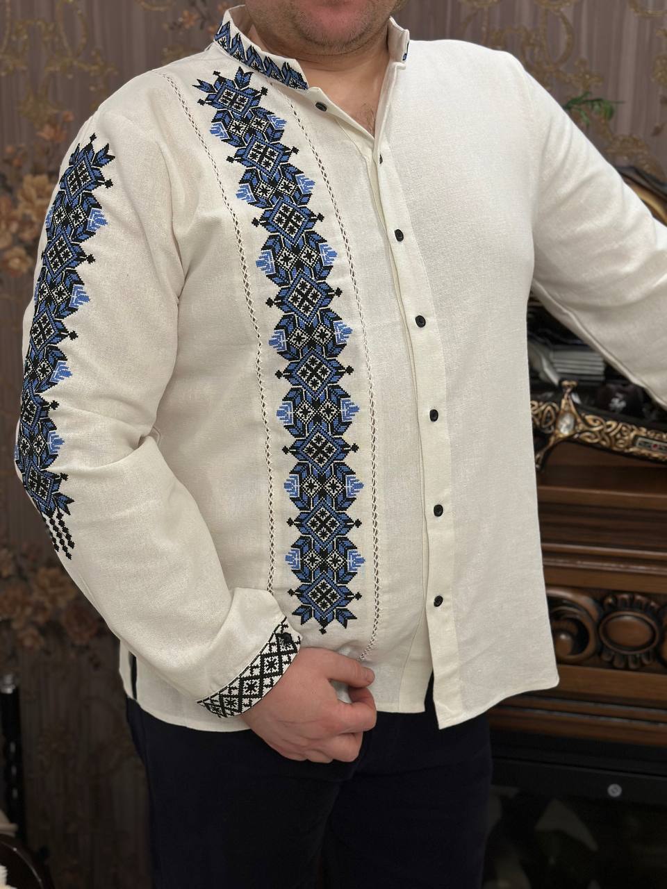 Men's White Embroidered Button-Up Vyshyvanka Shirt - One-Sleeve Detail - product photo 4