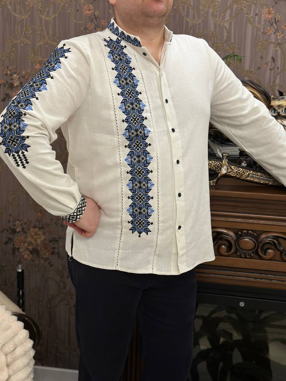 Men's White Embroidered Button-Up Vyshyvanka Shirt - One-Sleeve Detail - product photo 5