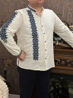 Men's White Embroidered Button-Up Vyshyvanka Shirt - One-Sleeve Detail - product photo 5
